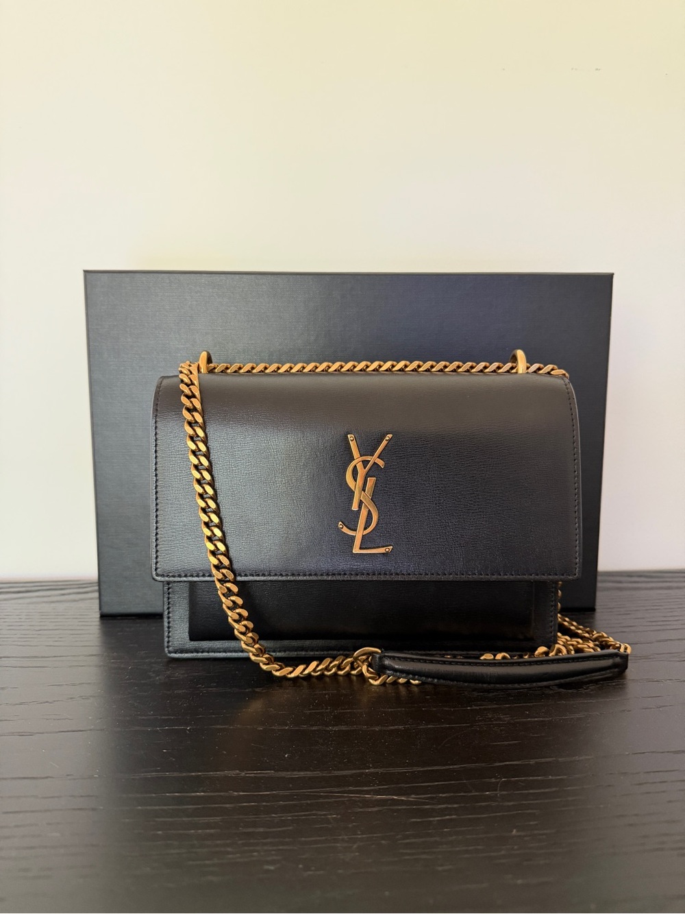 Saint Laurent Black Leather Shoulder Bag with Gold Chain